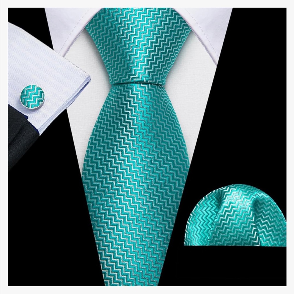 🆕 Barry Wang Silk Tie, turquoise with faint white pattern, cuff links & tie clip
